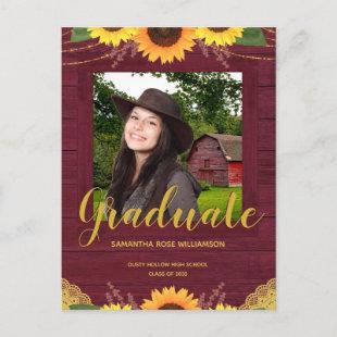 Rustic Sunflower Maroon and Gold Photo Graduation Announcement Postcard