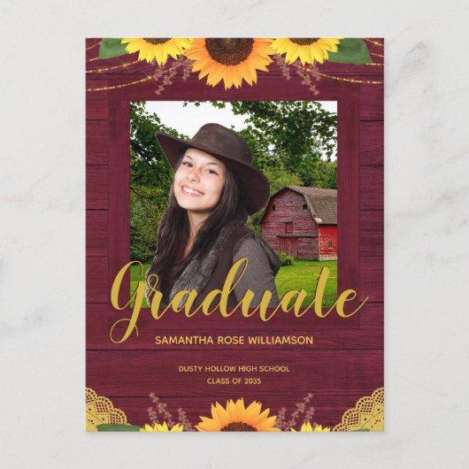 Rustic Sunflower Maroon and Gold Photo Graduation Announcement Postcard