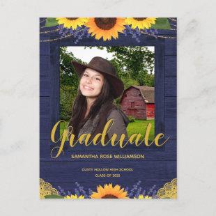 Rustic Sunflower Navy Blue Gold Photo Graduation Announcement Postcard