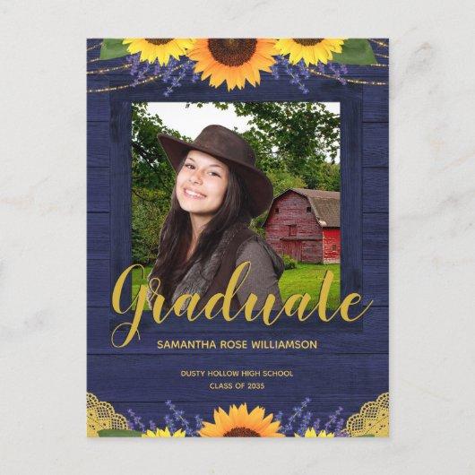 Rustic Sunflower Navy Blue Gold Photo Graduation Announcement Postcard