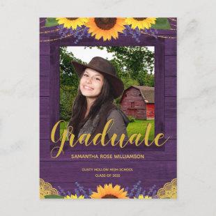 Rustic Sunflower Purple and Gold Photo Graduation Announcement Postcard