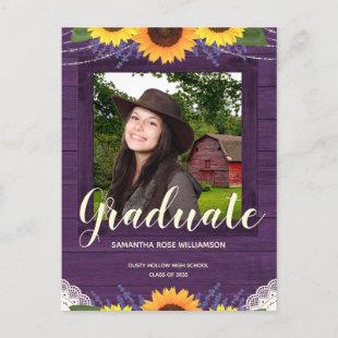 Rustic Sunflower Purple and White Photo Graduation Announcement Postcard