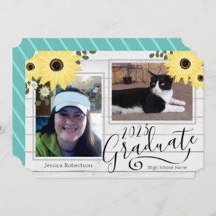 Rustic Sunflower Wood Two Photo Graduation Announcement