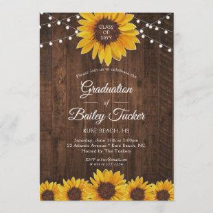 Rustic Sunflowers Lights Wood Graduation Party Invitation