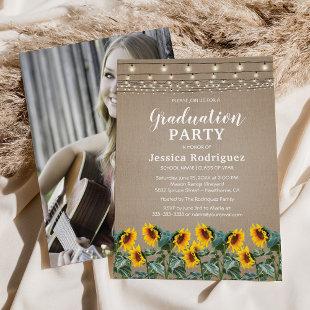 Rustic Sunflowers String Lights Graduation Party Invitation