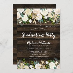 Rustic White Floral String Lights Graduation Party Invitation