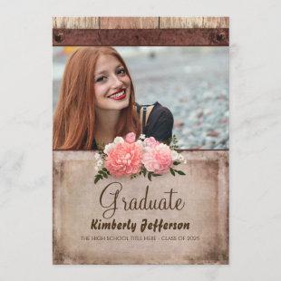 Rustic Wood and Burlap Floral Photo Graduation Invitation