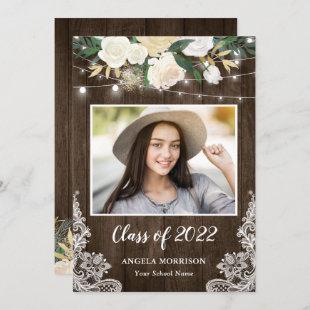 Rustic Wood Floral String Lights Graduation Party Invitation
