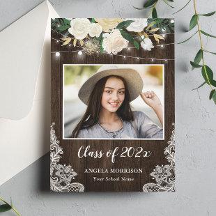 Rustic Wood Floral String Lights Graduation Party Invitation