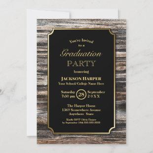 Rustic Wood Gold Border Graduation Party Invitation
