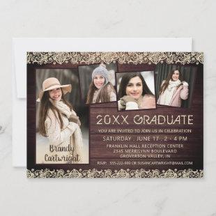 Rustic Wood Lace 5 Photo Collage Graduation Invitation