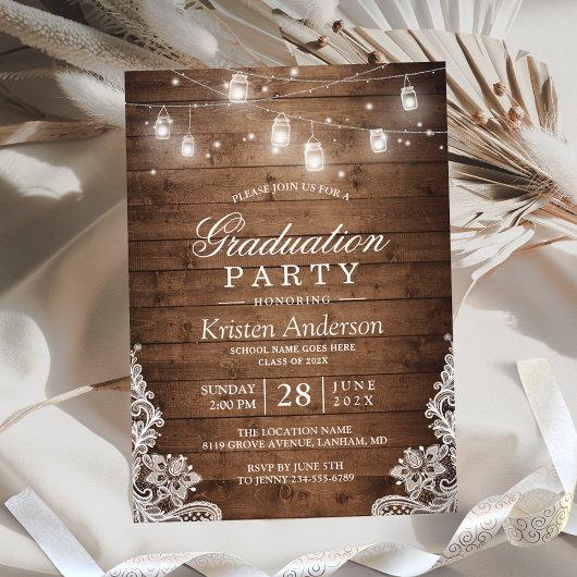 Rustic Wood Lace String Lights Graduation Party Invitation