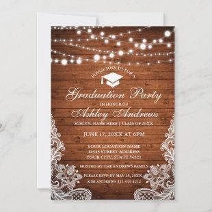 Rustic Wood Lights Lace Graduation Invitation W