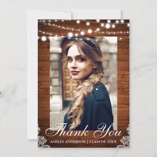 Rustic Wood Lights Lace Graduation Thank You Announcement