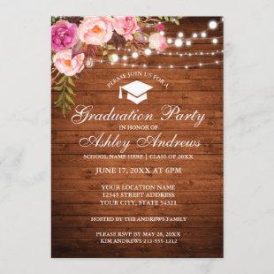 Rustic Wood Lights Pink Graduation Party Invite
