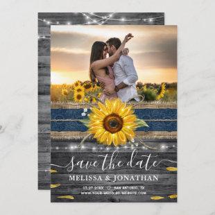 Rustic Wood Navy Lace Sunflower Wedding Photo Save The Date