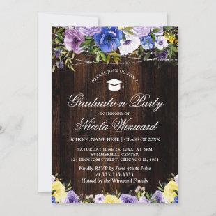 Rustic Wood & Purple Flowers Girl Graduation Party Invitation