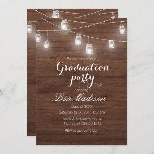 Rustic Wood String Lights Graduation Party Card