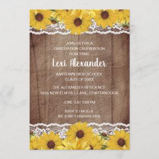 Rustic Wood Sunflowers Lace Graduation Party Invitation