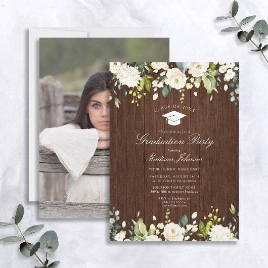 Rustic Wood White Floral Photo Graduation Party Invitation