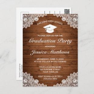 Rustic Wood & White Lace Graduation Invitation  Postcard