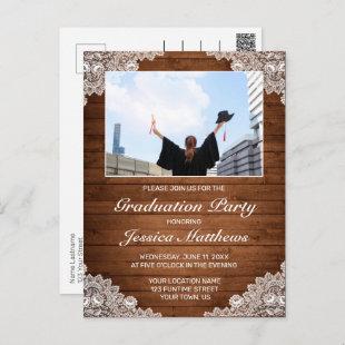 Rustic Wood White Lace Graduation Photo Invitation Postcard