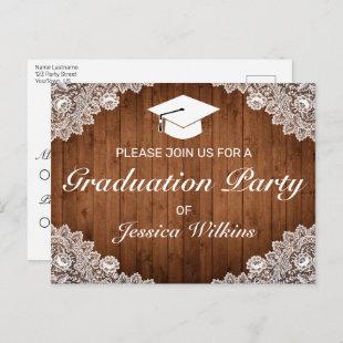 Rustic Wood White Lace Graduation RSVP Invitation Postcard