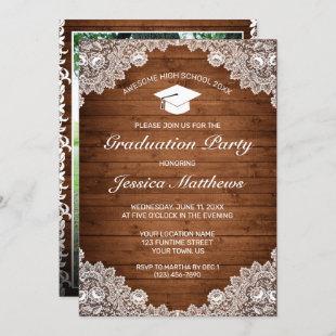 Rustic Wood & White Lace Photo Graduation  Invitation