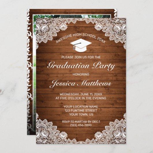 Rustic Wood & White Lace Photo Graduation  Invitation