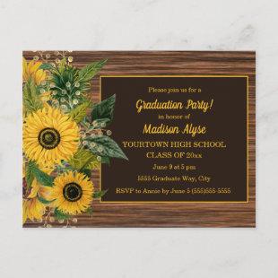 Rustic Wood Yellow Sunflowers Graduation Party Postcard