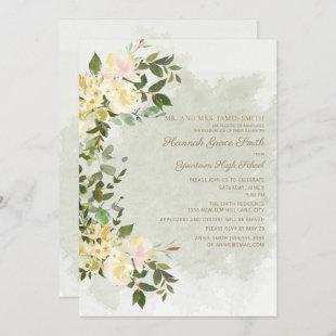 Sage Green Leaves White Floral  Graduation Party Invitation
