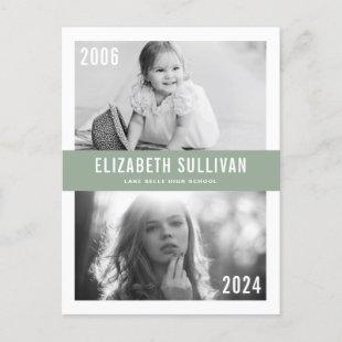 Sage Green Then and Now  Photo Collage Graduation Postcard