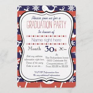 Sailor Nautical navy blue and red Graduaton party Invitation