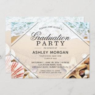 Sandy Beach Starfish Seashell Graduation Party Invitation