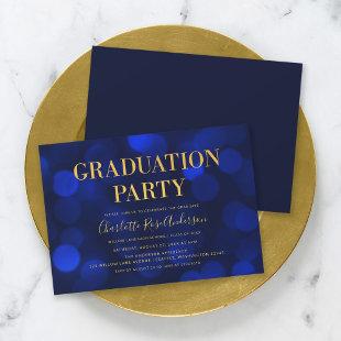 Sapphire Blue Bokeh Faux Gold Graduation Party Invitation