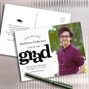 Save date graduation photo black white typography invitation postcard