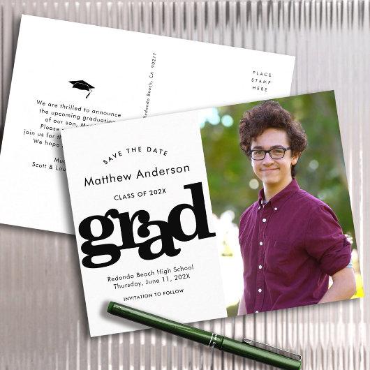 Save date graduation photo black white typography invitation postcard