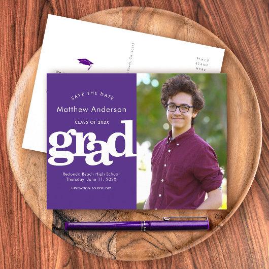 Save date graduation photo bold typography purple invitation postcard
