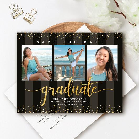 Save date graduation photo modern chic black gold invitation postcard