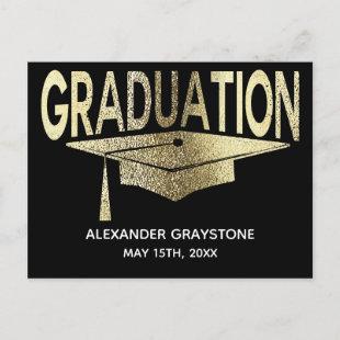 Save The Date Graduation Black & Faux Gold Modern Announcement Postcard