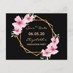 Save the Date graduation Black pink florals Postcard