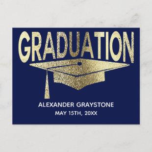 Save The Date Graduation Blue & Faux Gold Modern Announcement Postcard