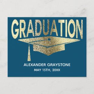 Save The Date Graduation Blue& Faux Gold Modern Announcement Postcard