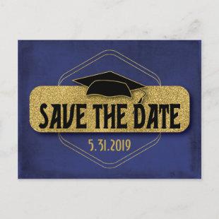 Save The Date Graduation Blue Gold Elegant Postcard
