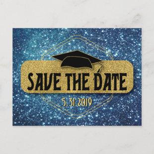Save The Date Graduation Gold Blue Grad Cap Postcard