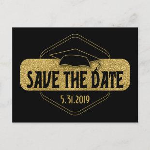 Save The Date Graduation Modern Black Gold Postcard