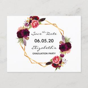 Save the Date graduation party 2020 gold florals Postcard