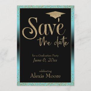 Save the Date, Graduation Party Gold & Turquoise Invitation