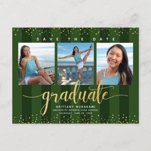 Save the date graduation photo modern green gold invitation postcard