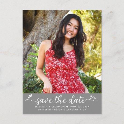 Save the Date Graduation Photo Script Hearts Gray Invitation Postcard
